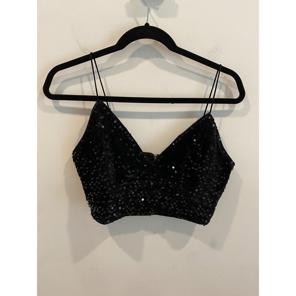 Black Sequin V-Neck Crop Top Spaghetti‎ Strap Back Zip Party Clubwear Sleeveless